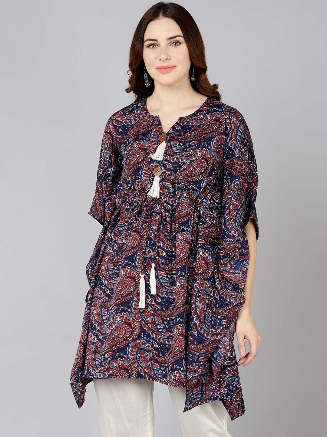 

ZNX Clothing Women Blue & Red Paisley Printed Extended Sleeves Kaftan Kurta