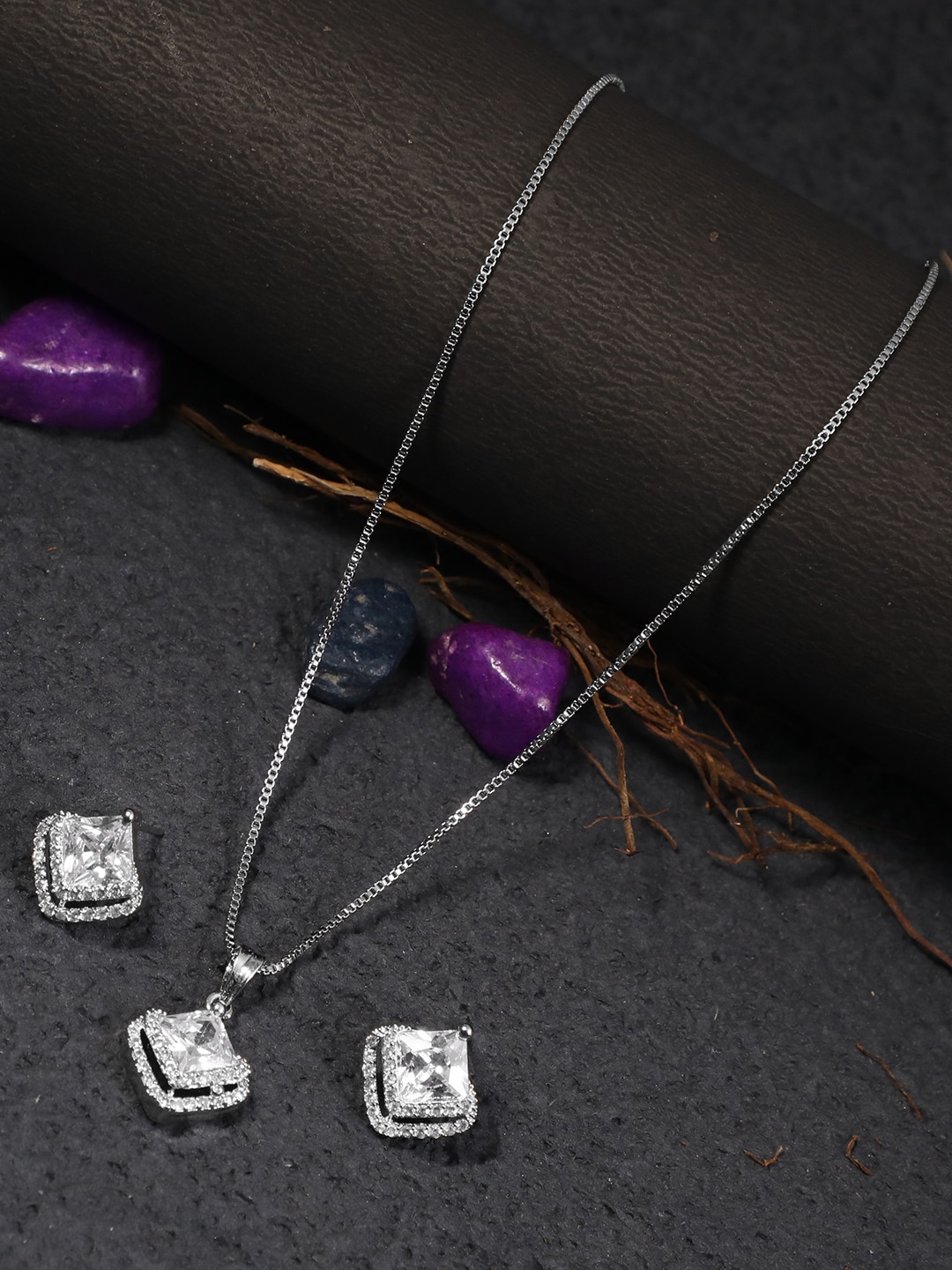 

Adwitiya Collection Silver-Plated White CZ-Studded Antique Jewellery Set