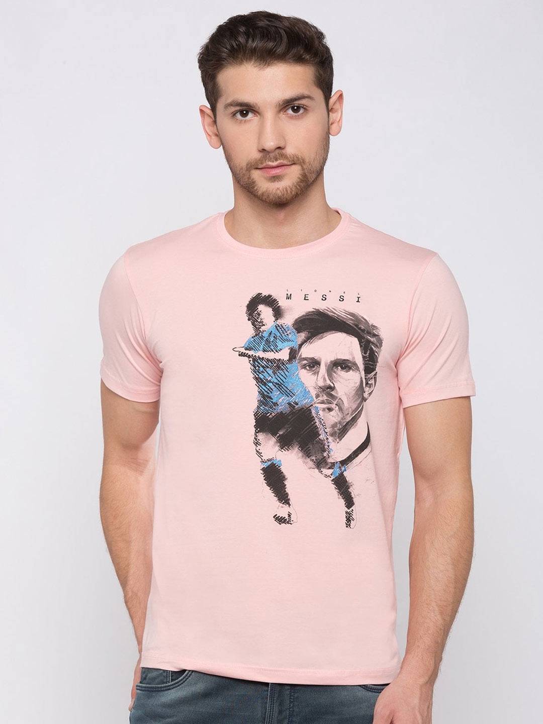 Status Quo Men Pink Lionel Messi Printed Cotton T-shirt