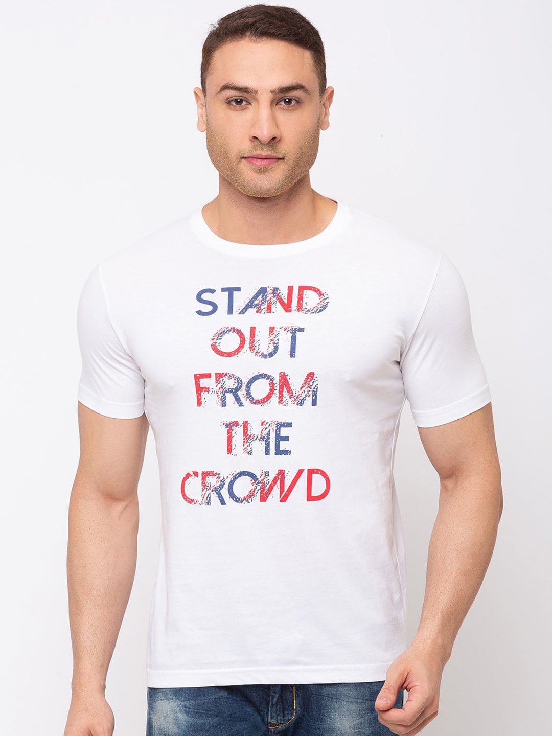 Status Quo Men White Typography Printed Cotton T-shirt