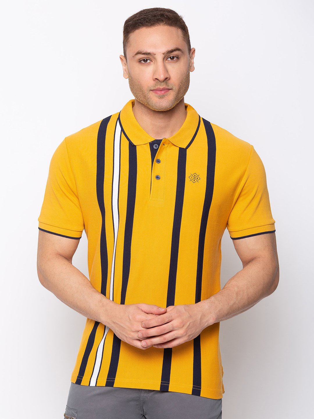 

Status Quo Men Mustard Yellow Striped Polo Collar Cotton T-shirt