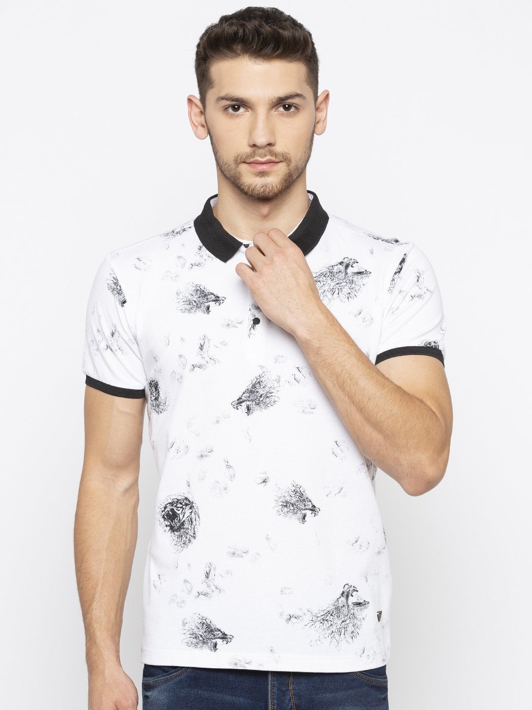 

Status Quo Men White & Black Abstract Printed Polo Collar Cotton T-shirt