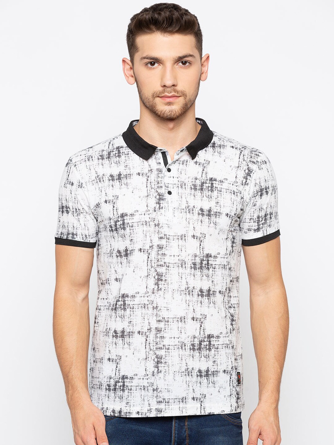 

Status Quo Men White & Grey Printed Polo Collar Cotton T-shirt