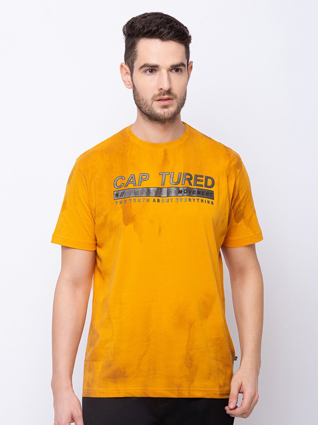Status Quo Men Mustard Yellow Typography Printed Cotton T-shirt