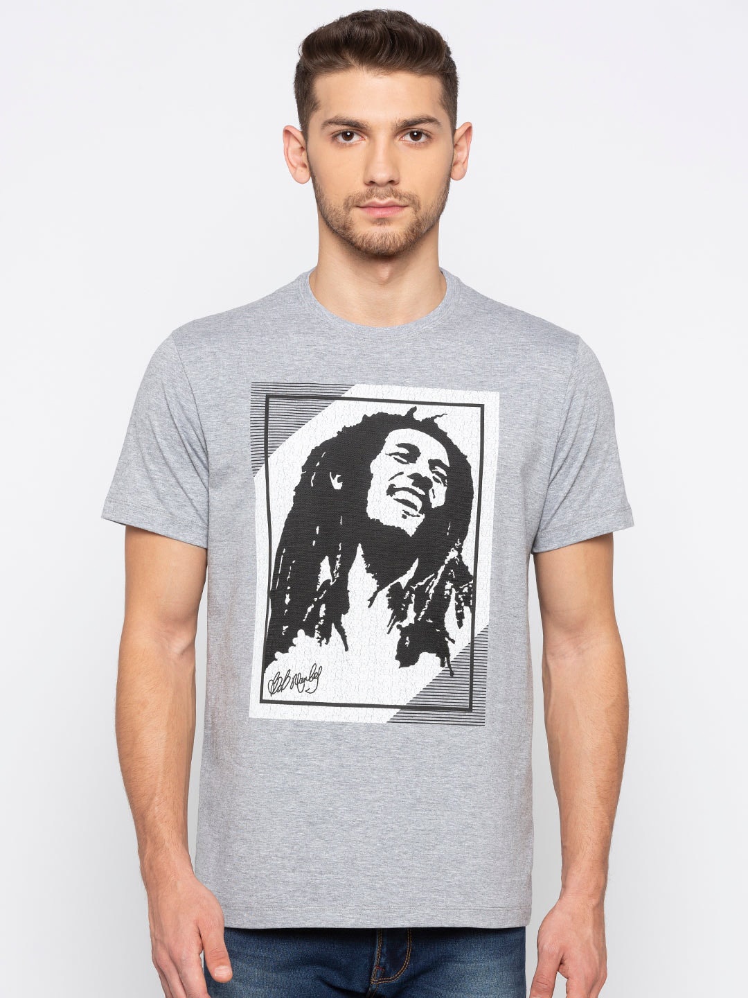 

Status Quo Men Grey Melange Bob Marley Printed T-shirt