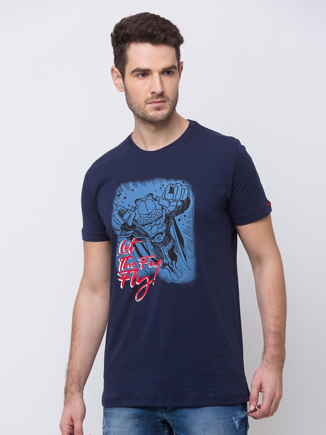 

Status Quo Men Navy Blue & Pink Garfield Printed T-shirt