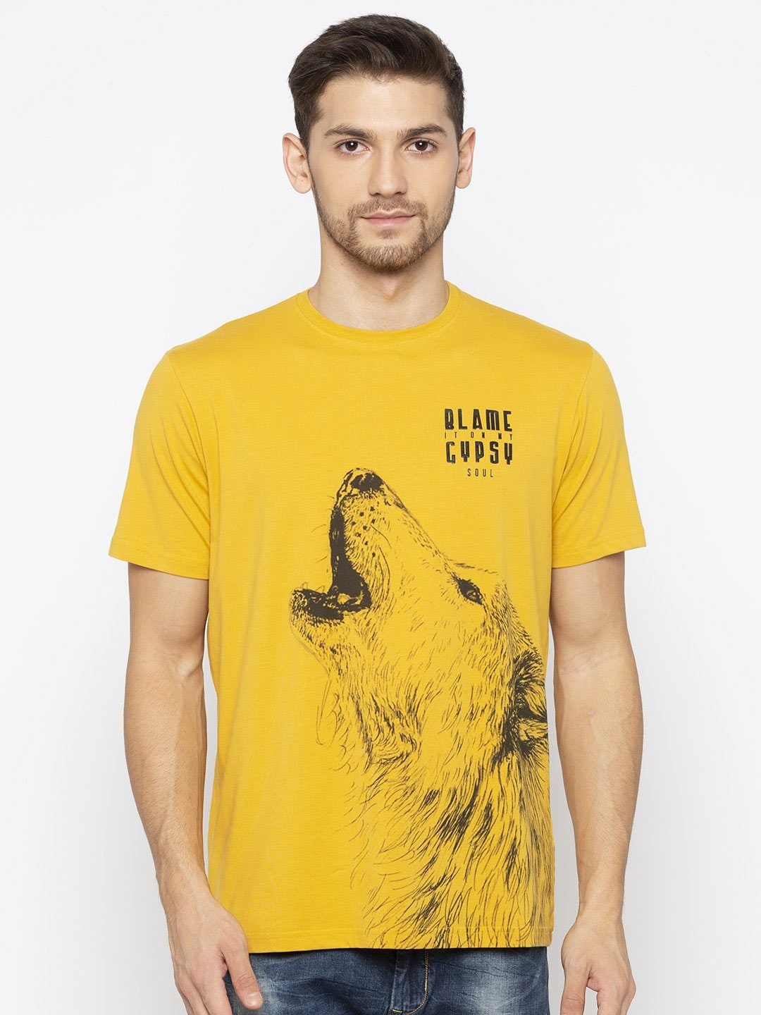 Status Quo Men Gold-Toned Typography Printed Cotton T-shirt