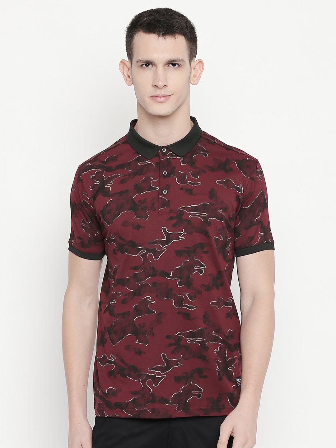 

Status Quo Men Maroon Printed Polo Collar Cotton T-shirt