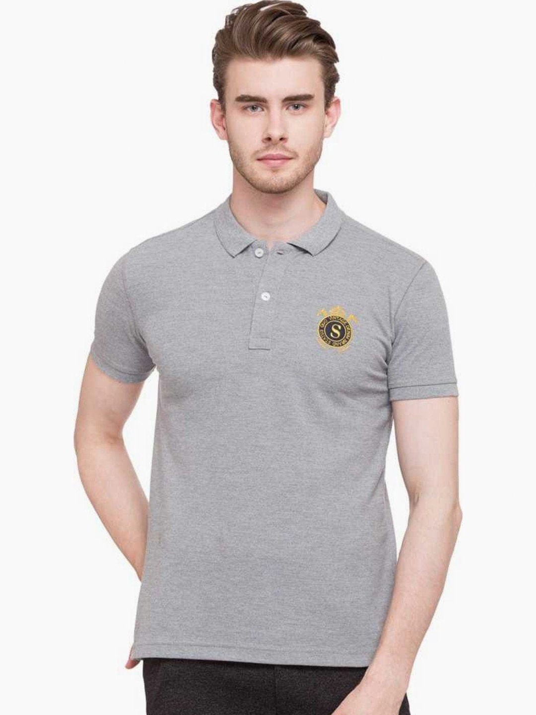

Status Quo Men Grey Melange Solid Cotton Polo Collar T-shirt
