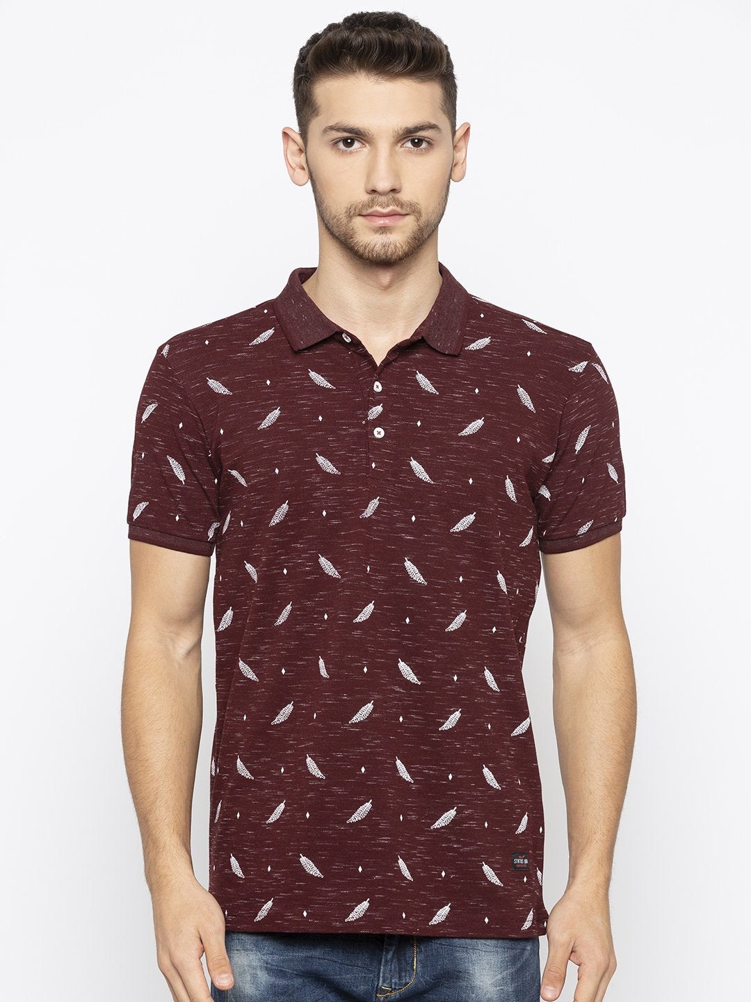 

Status Quo Men Maroon Printed Polo Collar Cotton T-shirt