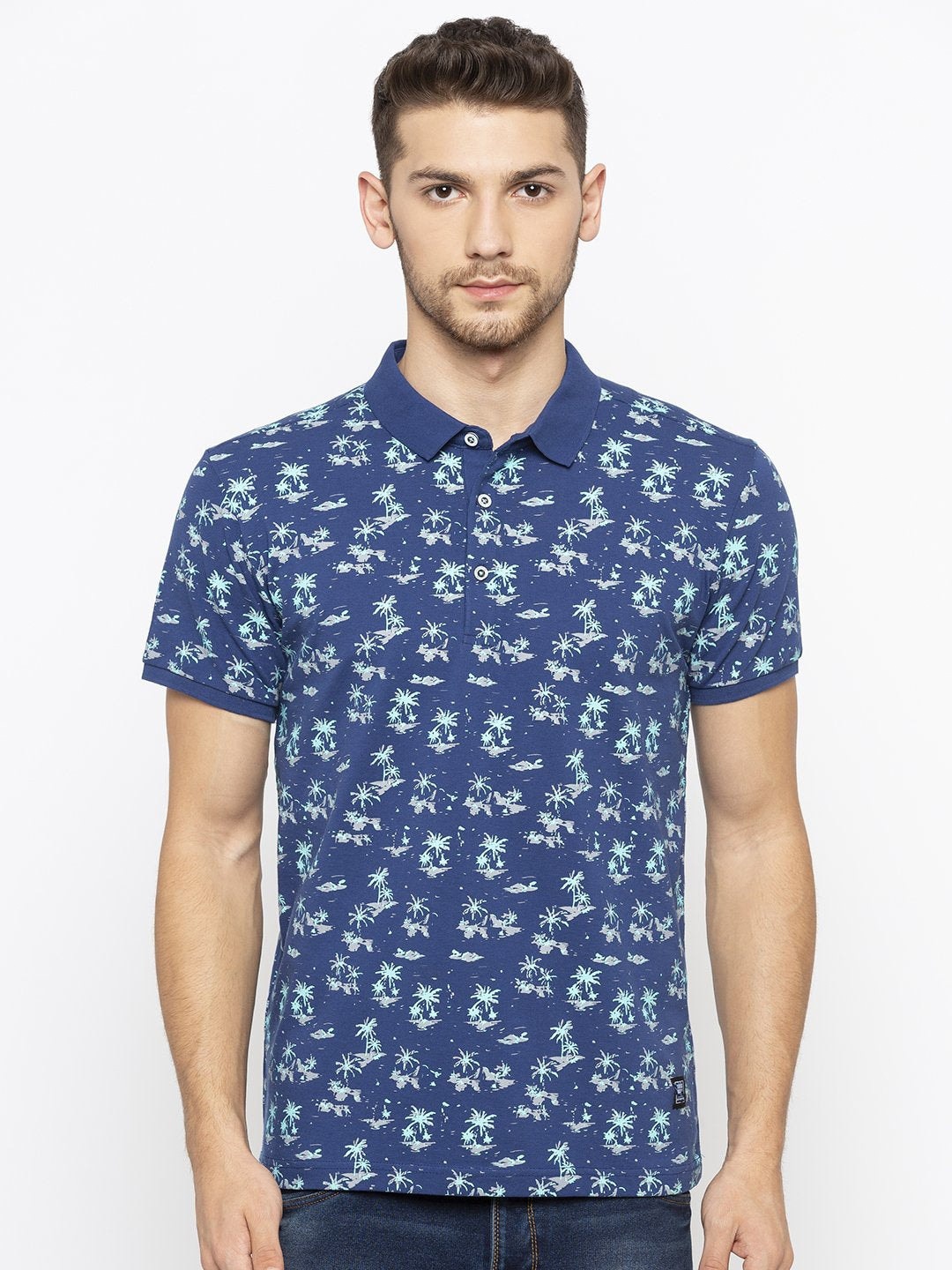 

Status Quo Men Blue Printed Polo Collar Tropical T-shirt