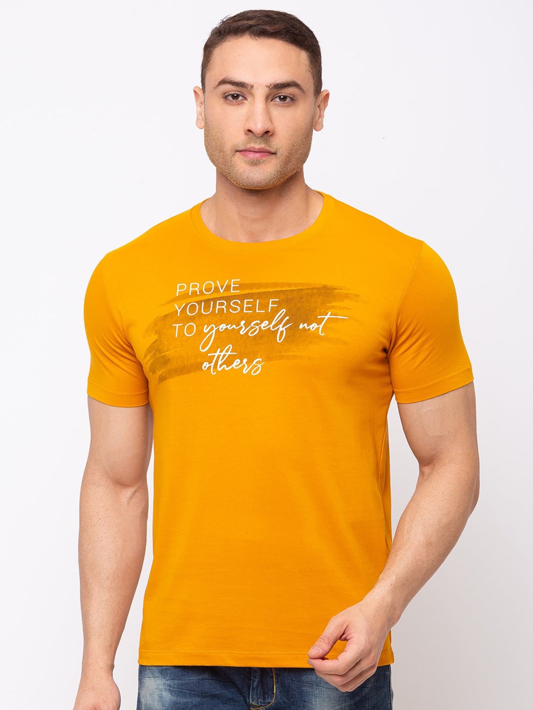 

Status Quo Men Mustard Yellow Typography Printed Cotton T-shirt