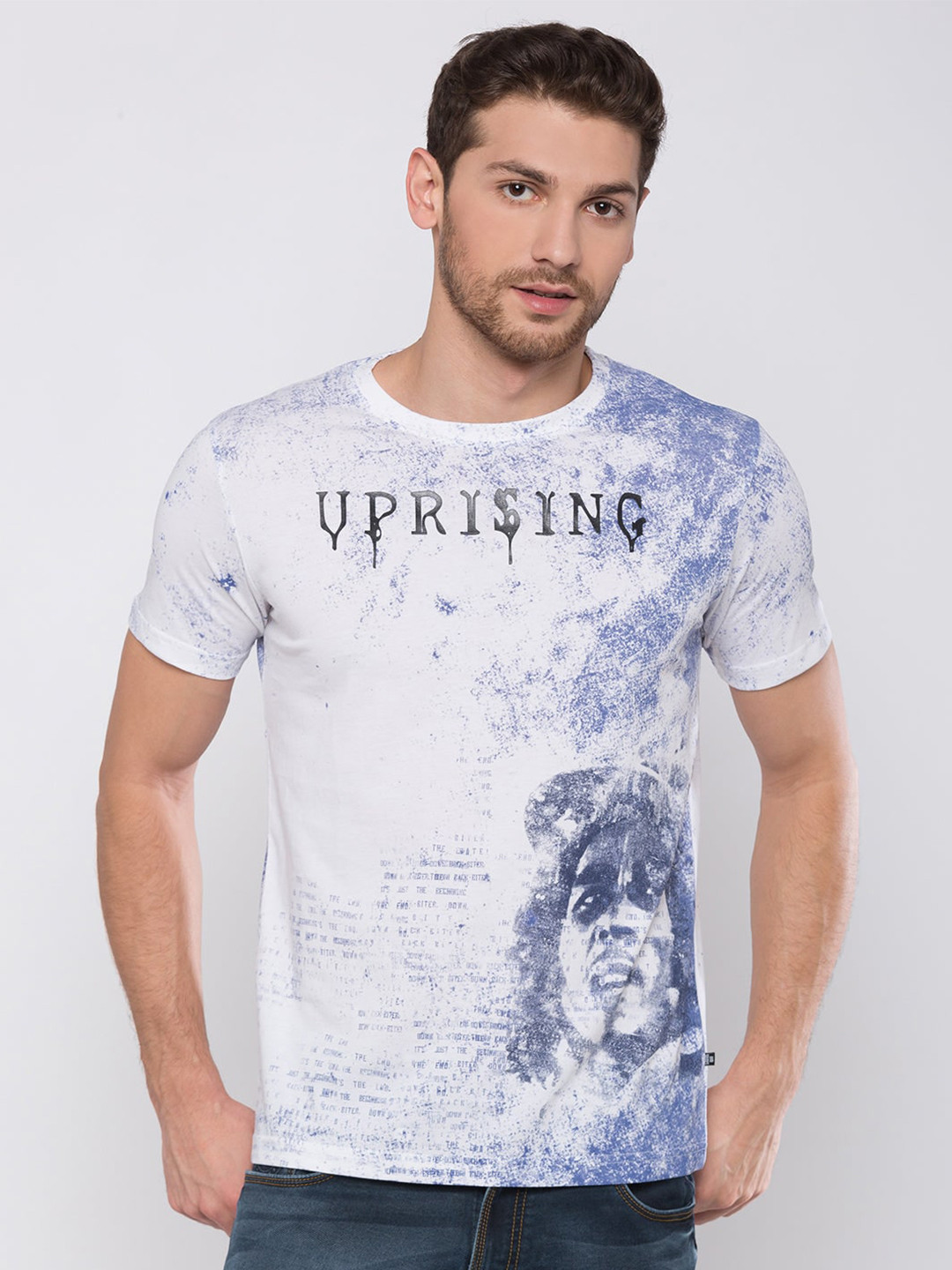 

Status Quo Men White Printed Raw Edge T-shirt