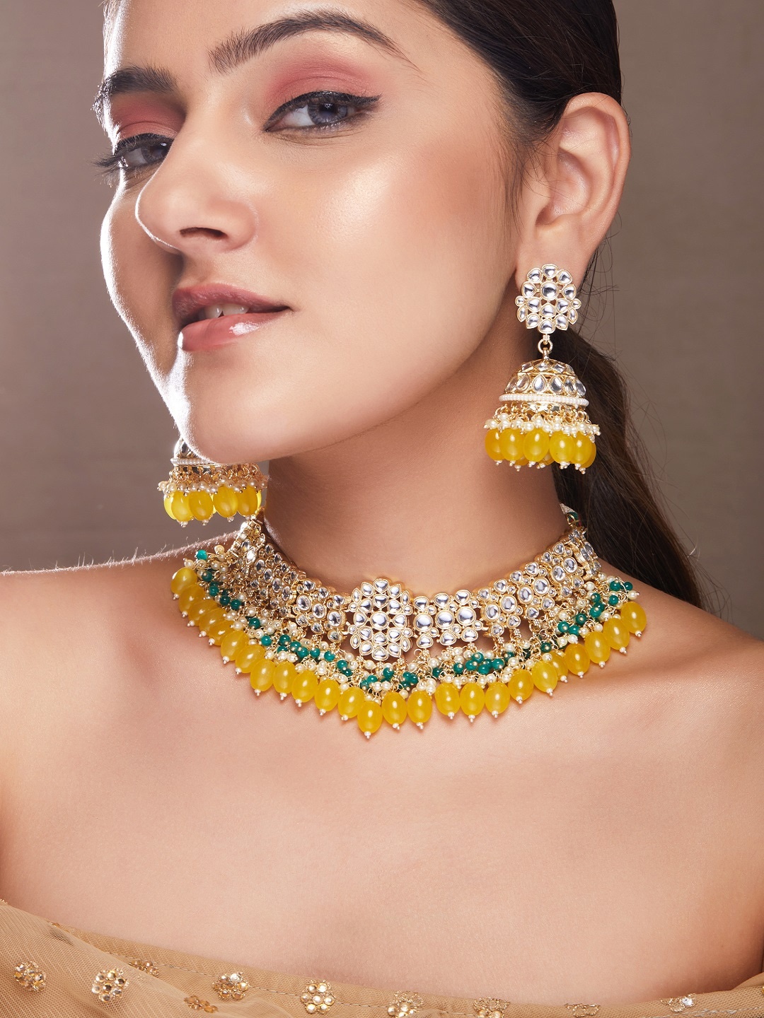 

Rubans Gold-Plated White & Green Stone-Studded Beaded Jewellery Set