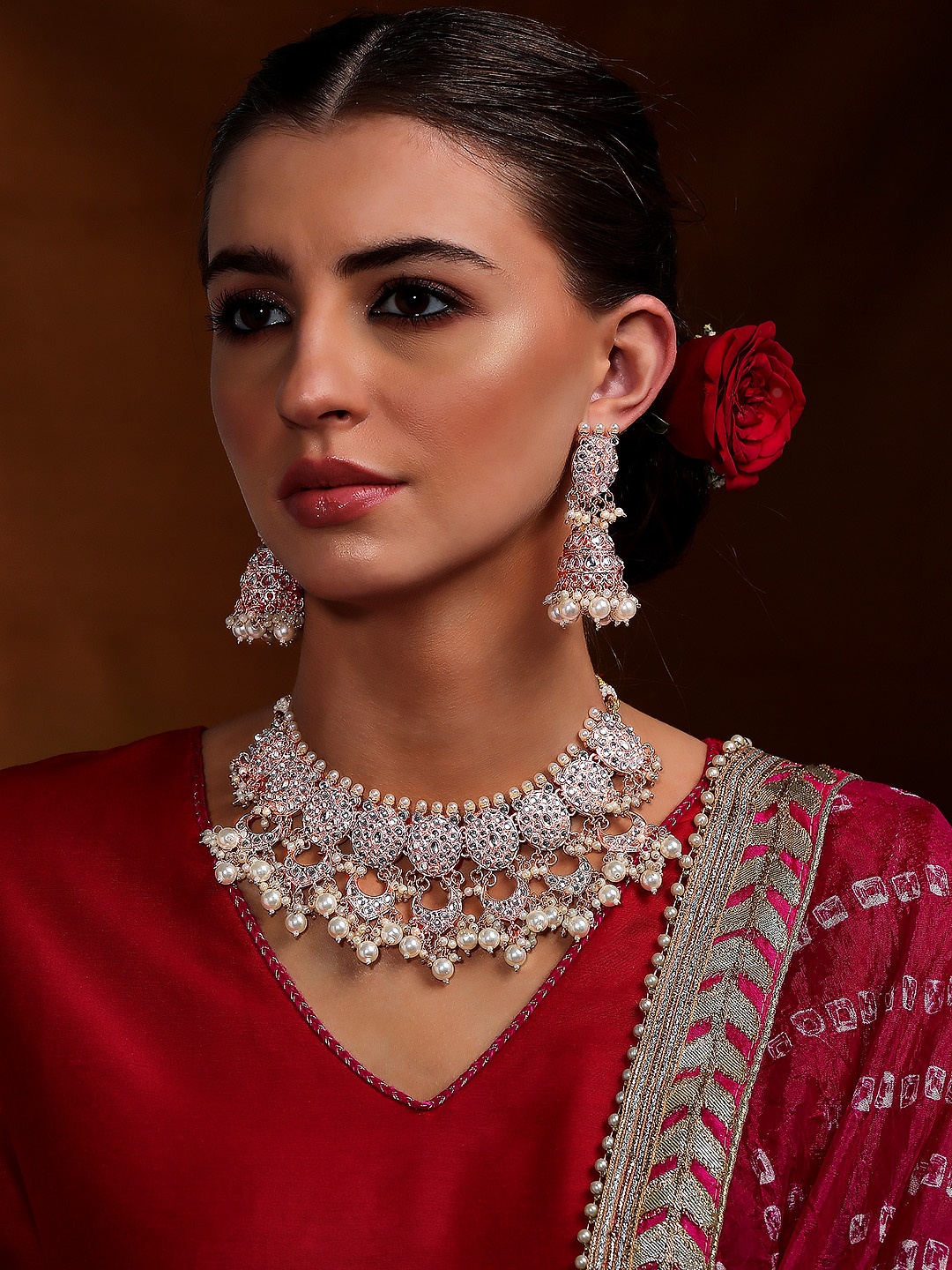 

Rubans Rose Gold-Plated White Studded Beaded Jewellery Set