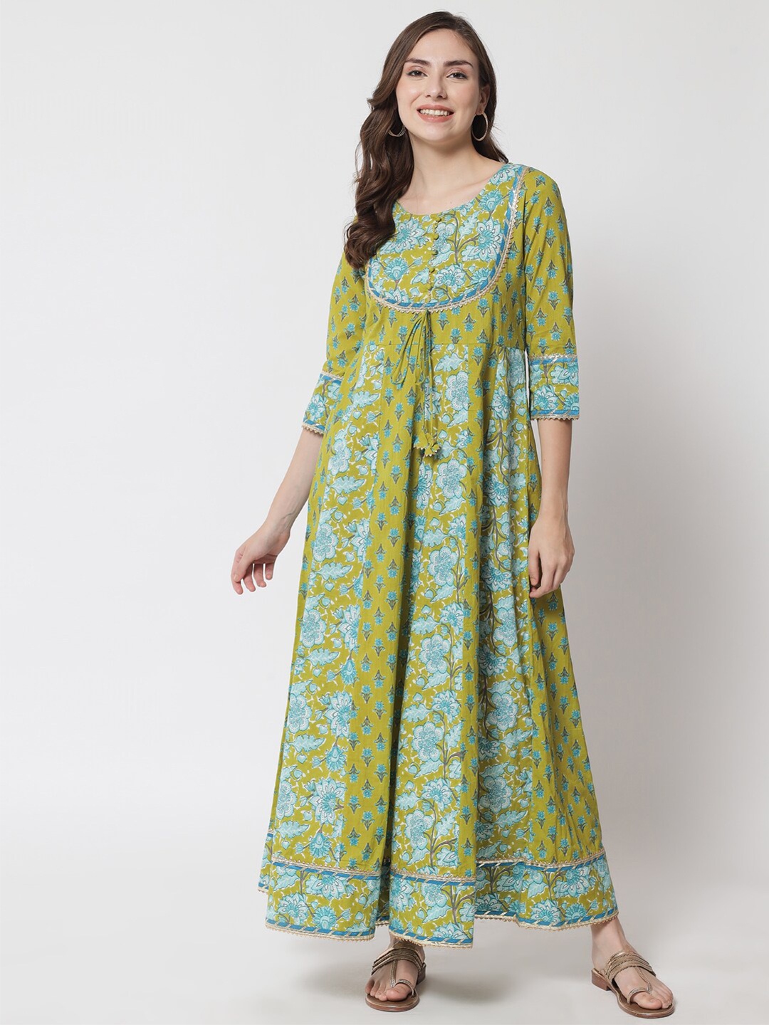 

Meeranshi Lime Green Floral Maxi Dress