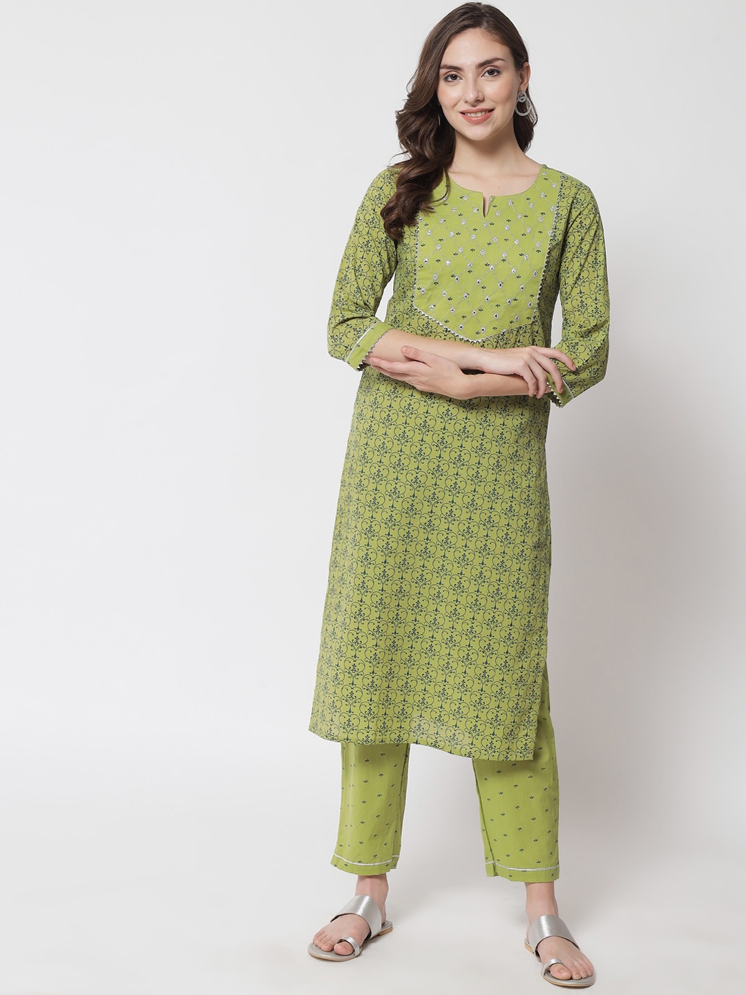 

Meeranshi Women Lime Green Ethnic Motifs Printed Mirror Work Pure Cotton Kurta with Trousers