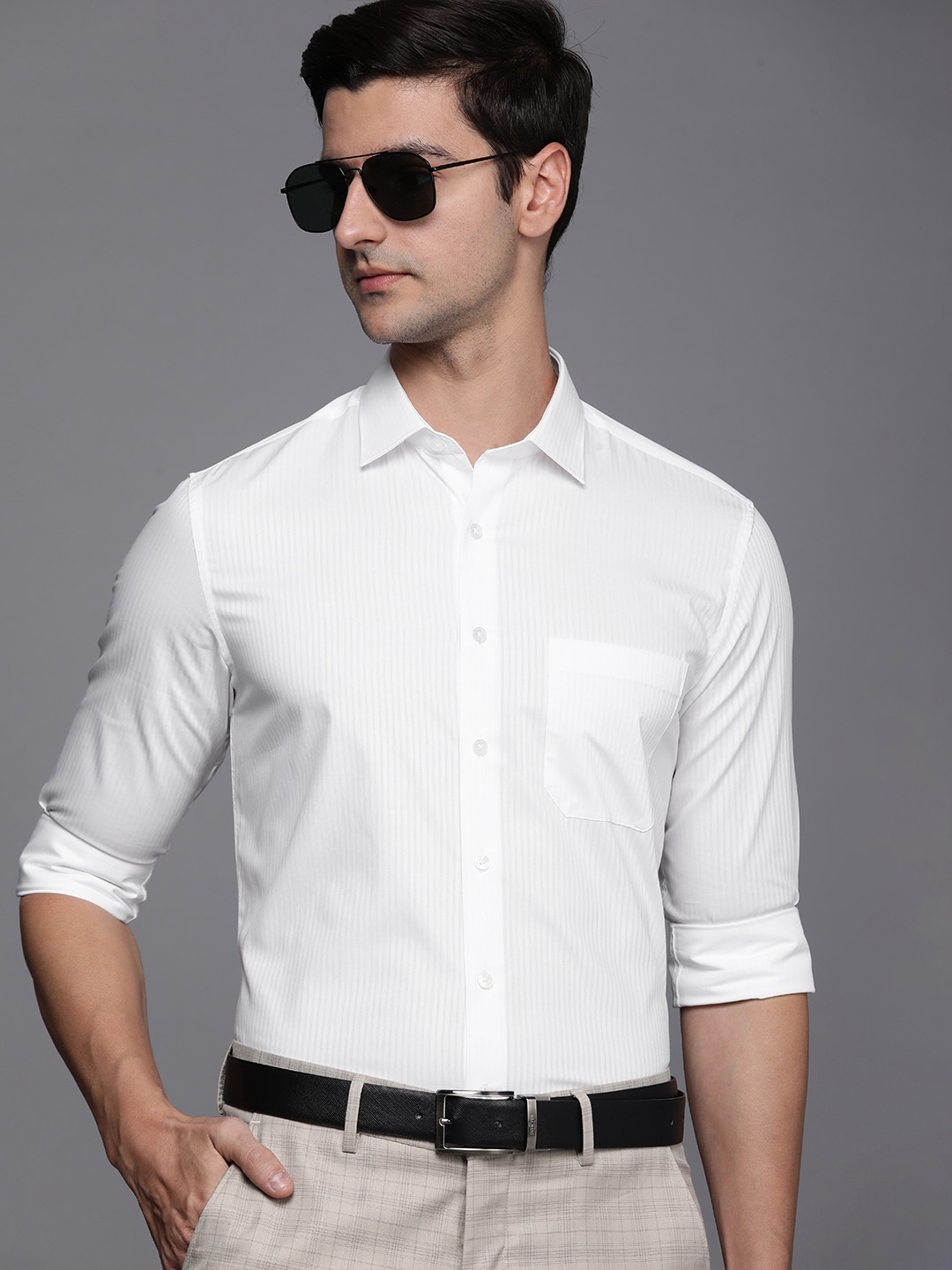 

Louis Philippe Men White Slim Fit Self-Striped Pure Cotton Formal Shirt