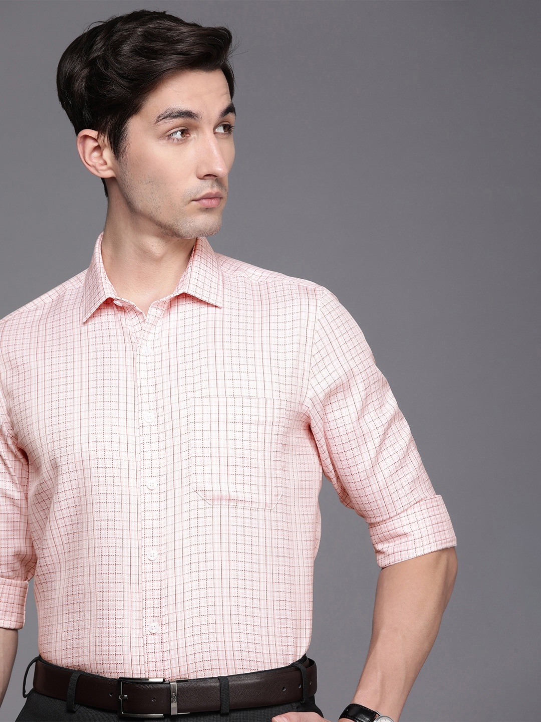 

Louis Philippe Men Peach-Coloured Slim Fit Checked Formal Shirt