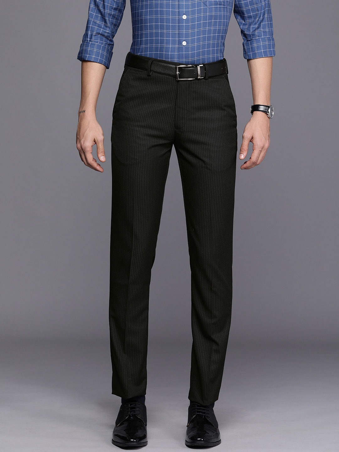 Louis Philippe Men Black Striped Super Slim Fit Formal Trousers