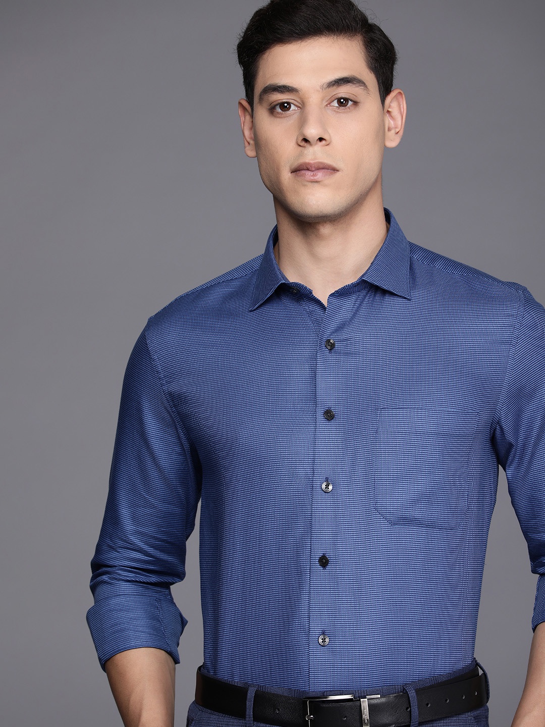 

Louis Philippe Men Blue Self Designed Slim Fit Formal Shirt