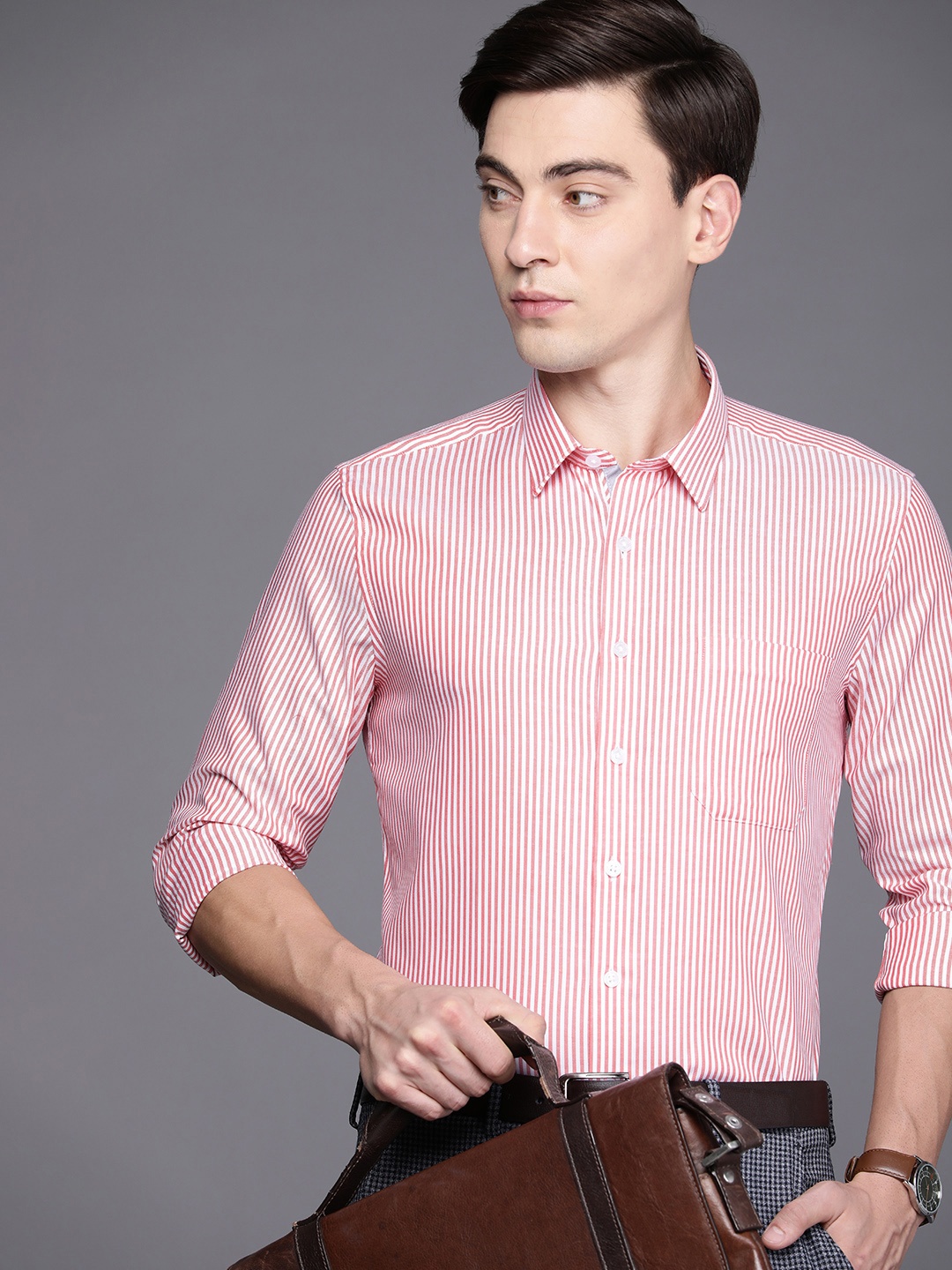 

Louis Philippe Men Pink Pure Cotton Striped Slim Fit Formal Shirt