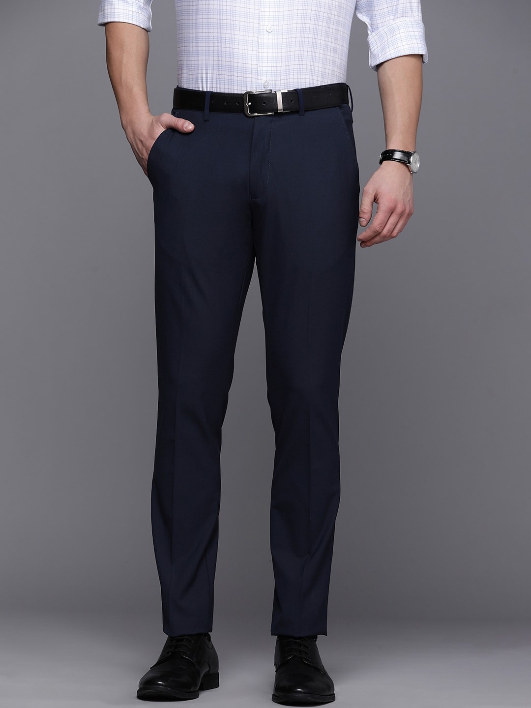

Louis Philippe Men Navy Blue Super Slim Fit Formal Trousers