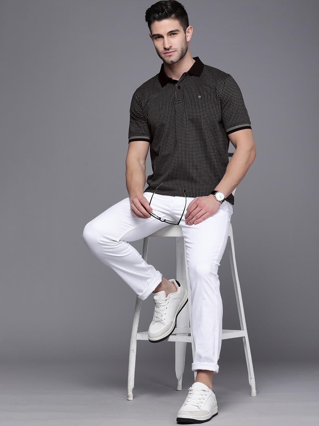 

Louis Philippe Men Black & Grey Self-Design Pure Cotton Polo Collar T-shirt