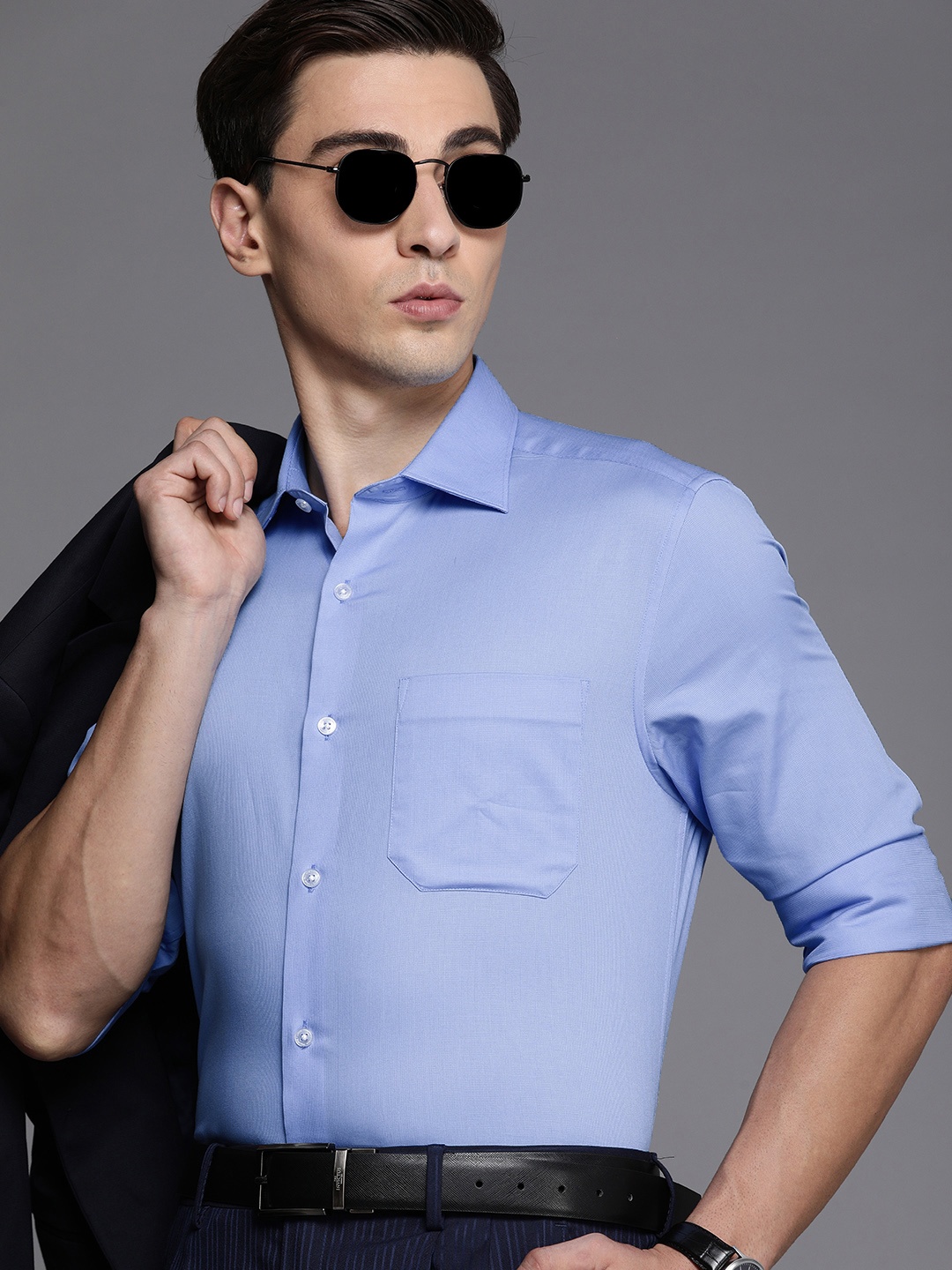 

Louis Philippe Men Blue Self-Design Classic Fit Pure Cotton Formal Shirt
