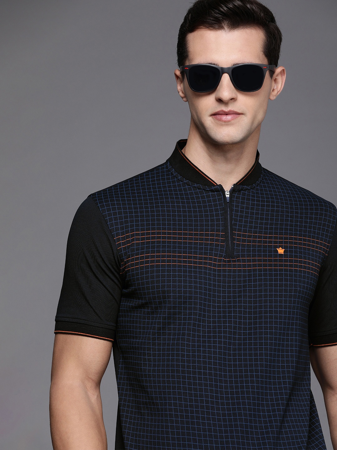 

Louis Philippe Men Navy Blue Checks Printed Polo Collar Casual T-shirt