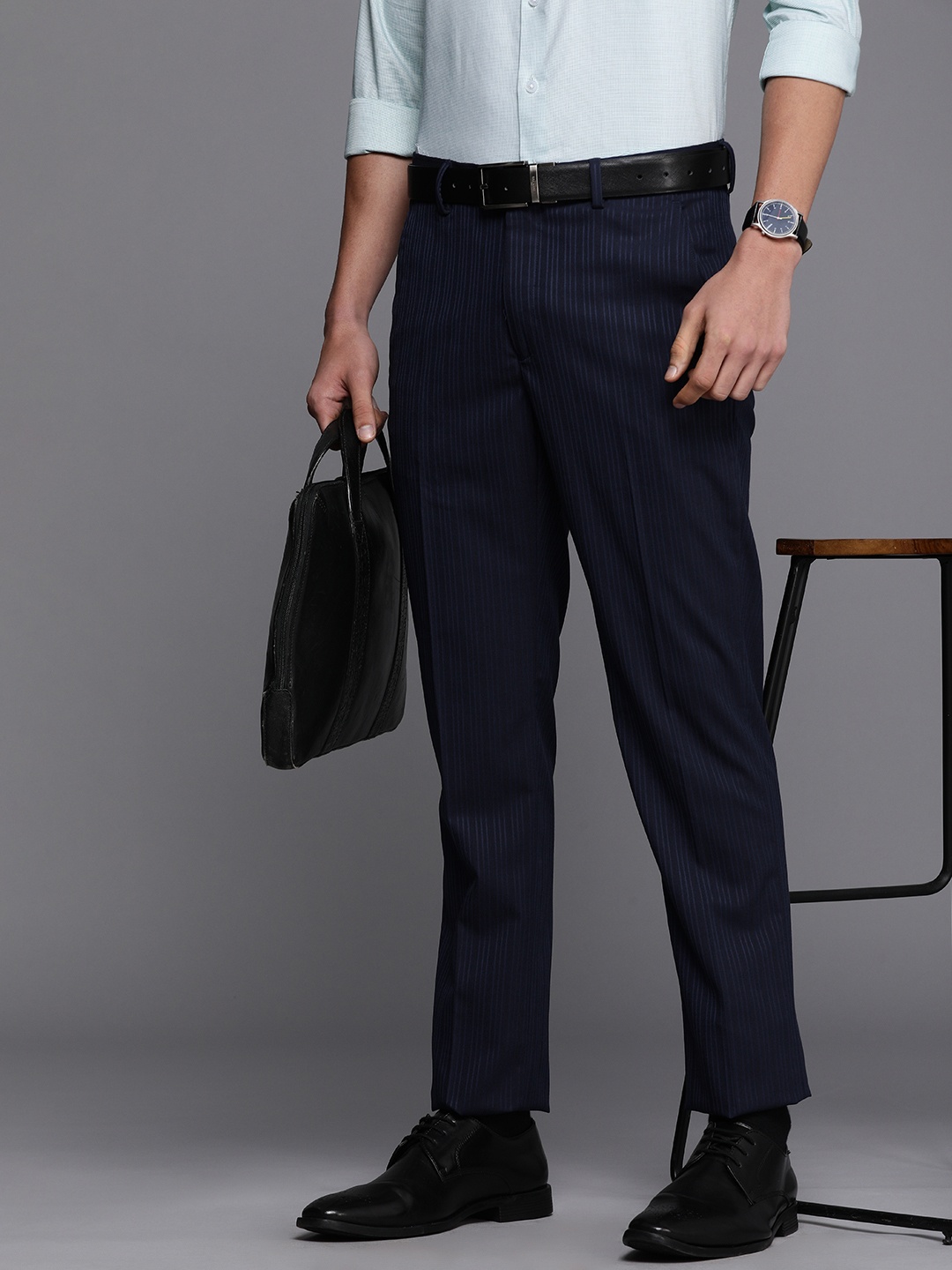 

Louis Philippe Men Navy Blue Striped Slim Fit Formal Trousers