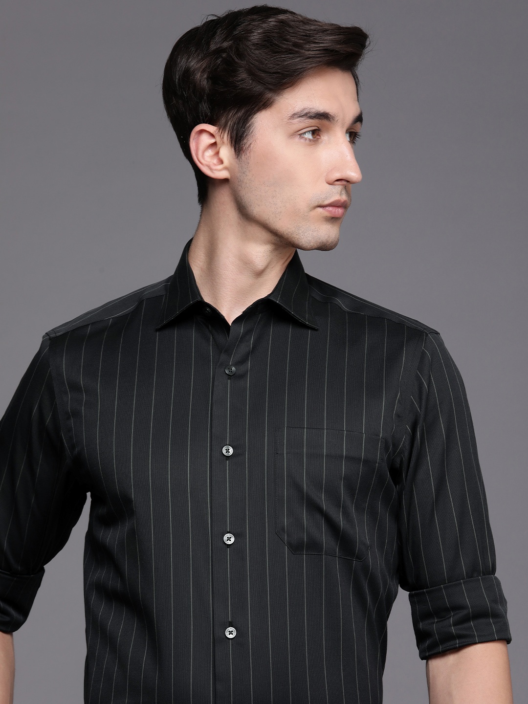 

Louis Philippe Men Black Classic Fit Striped Formal Shirt