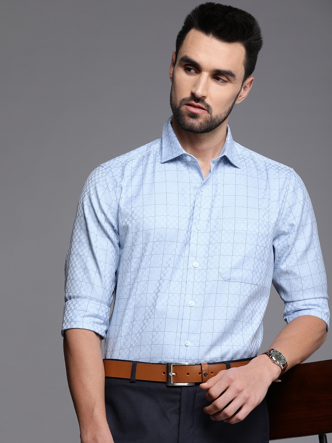 

Louis Philippe Men Blue Checked Slim Fit Pure Cotton Formal Shirt