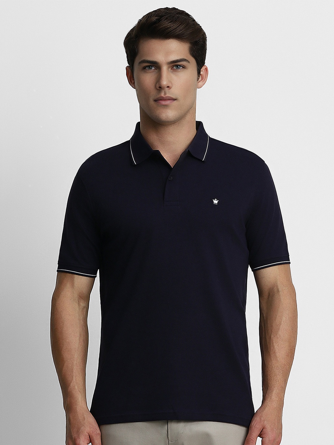 

Louis Philippe Men Navy Blue Pure Cotton Solid Polo Collar T-shirt