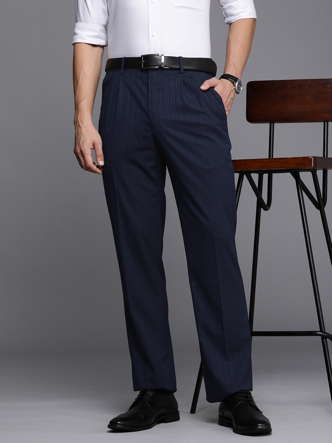 

Louis Philippe Men Navy Blue Striped Classic Fit Formal Trousers