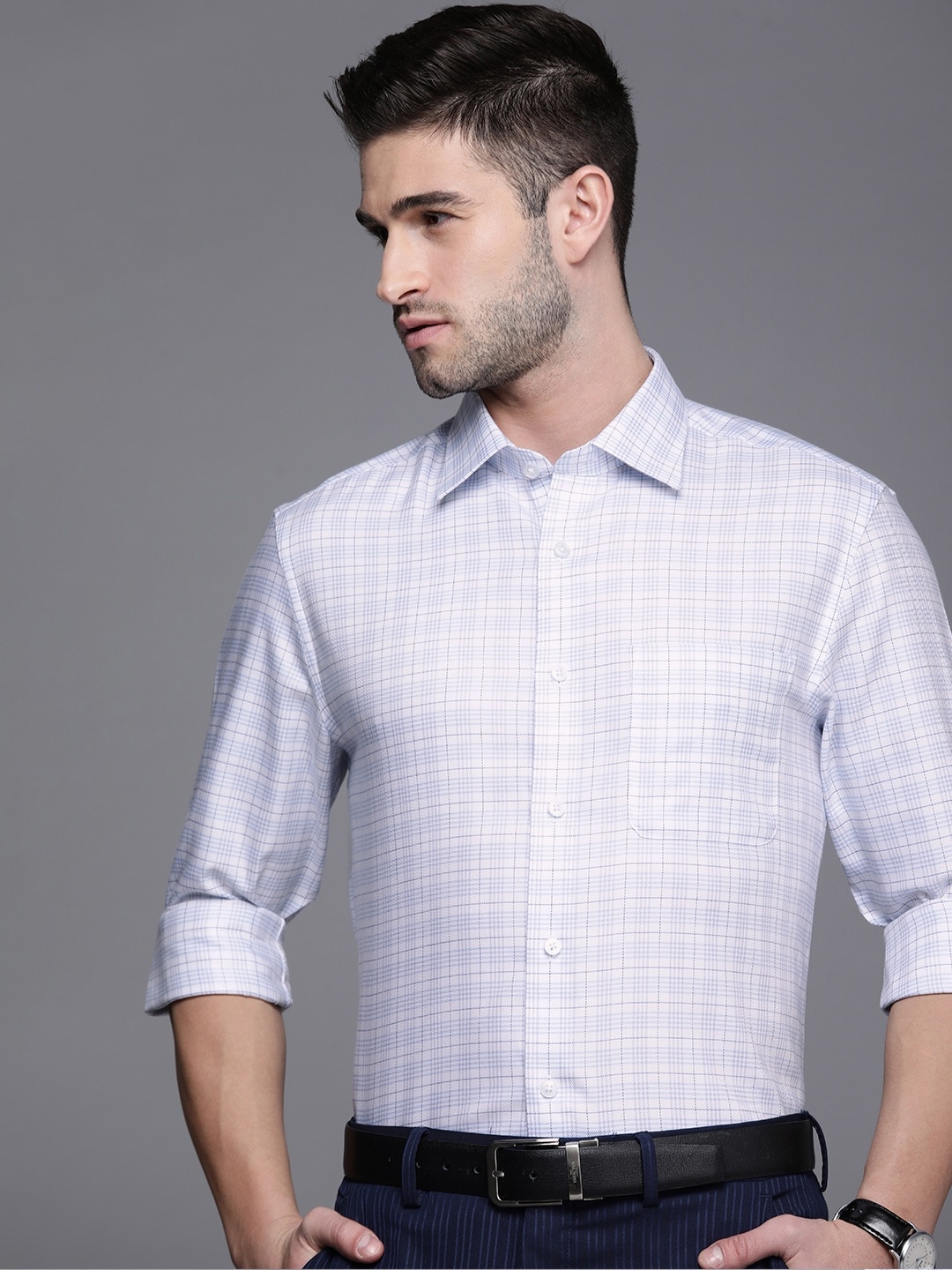 

Louis Philippe Men White & Blue Classic Fit Checked Pure Cotton Formal Shirt