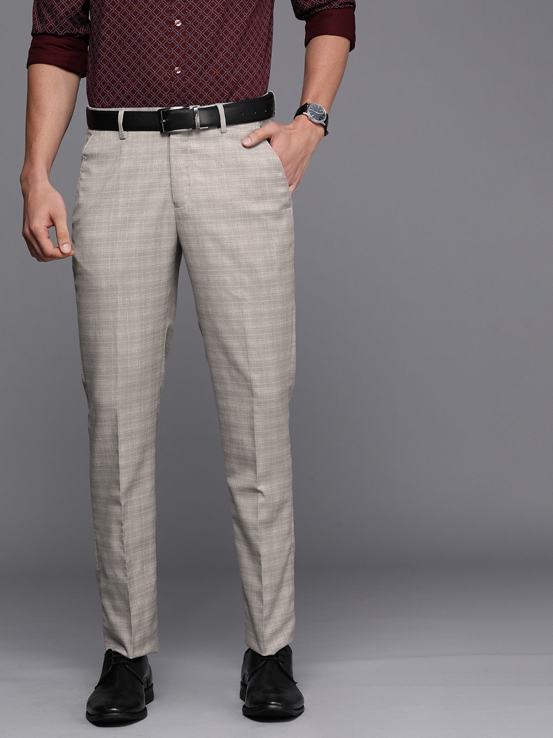 

Louis Philippe Men Grey Checked Slim Fit Trousers