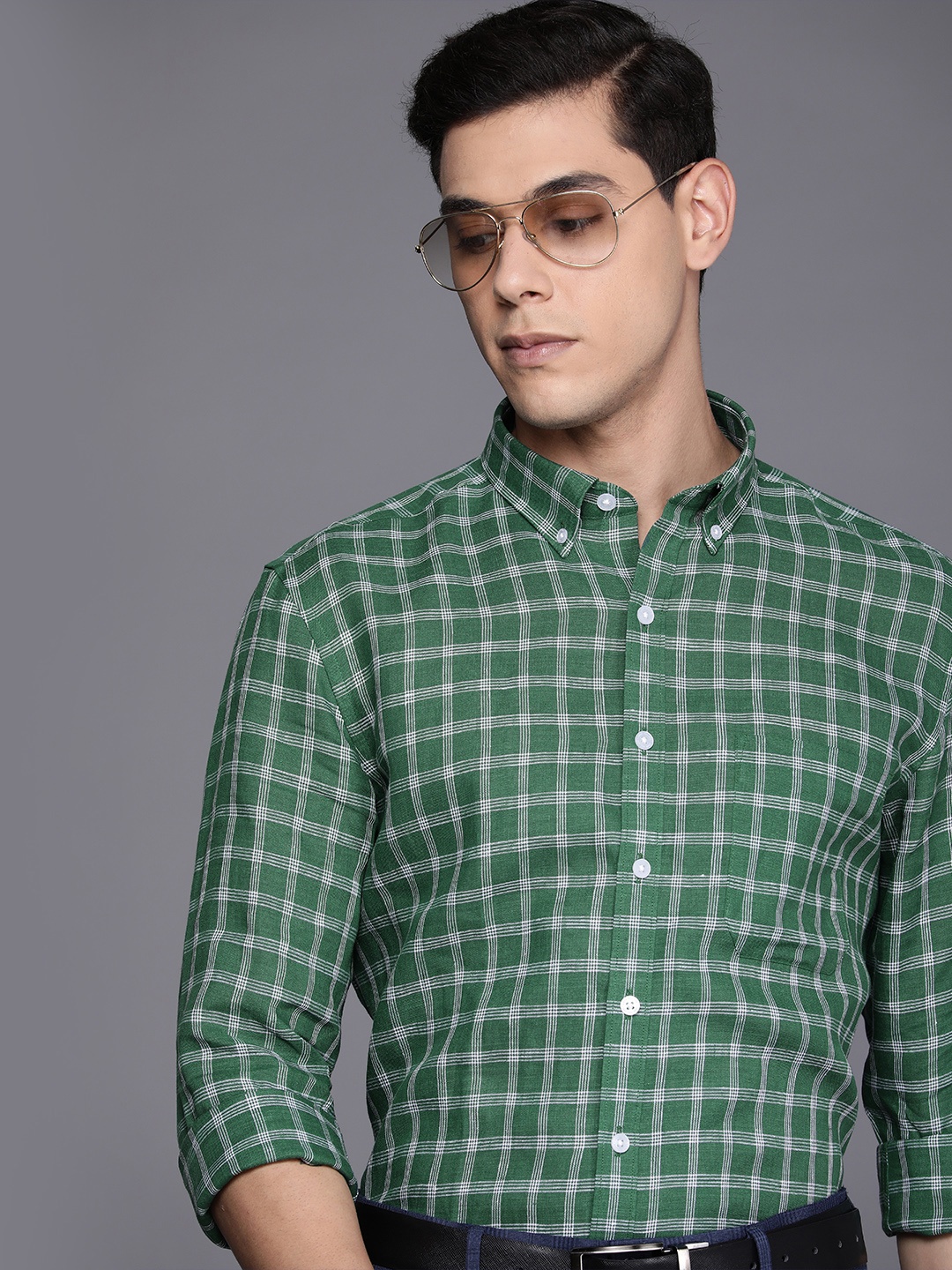 

Louis Philippe Men Green Windowpane Checks Slim Fit Formal Shirt