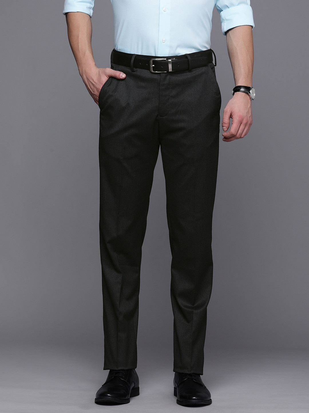 

Louis Philippe Men Grey & Blue Striped Slim Fit Mid Rise Trousers
