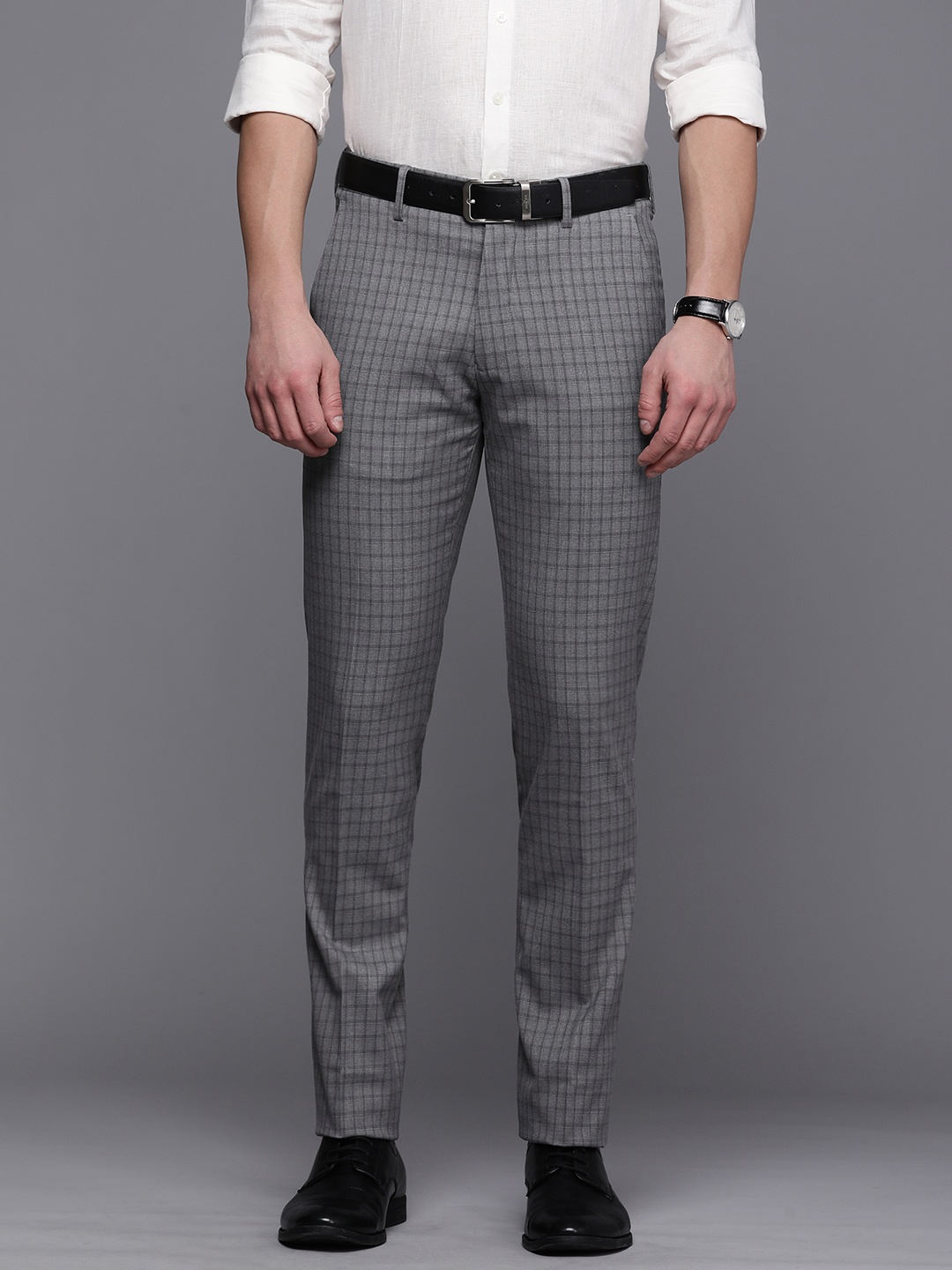 

Louis Philippe Men Grey Checked Super Slim Fit Trousers