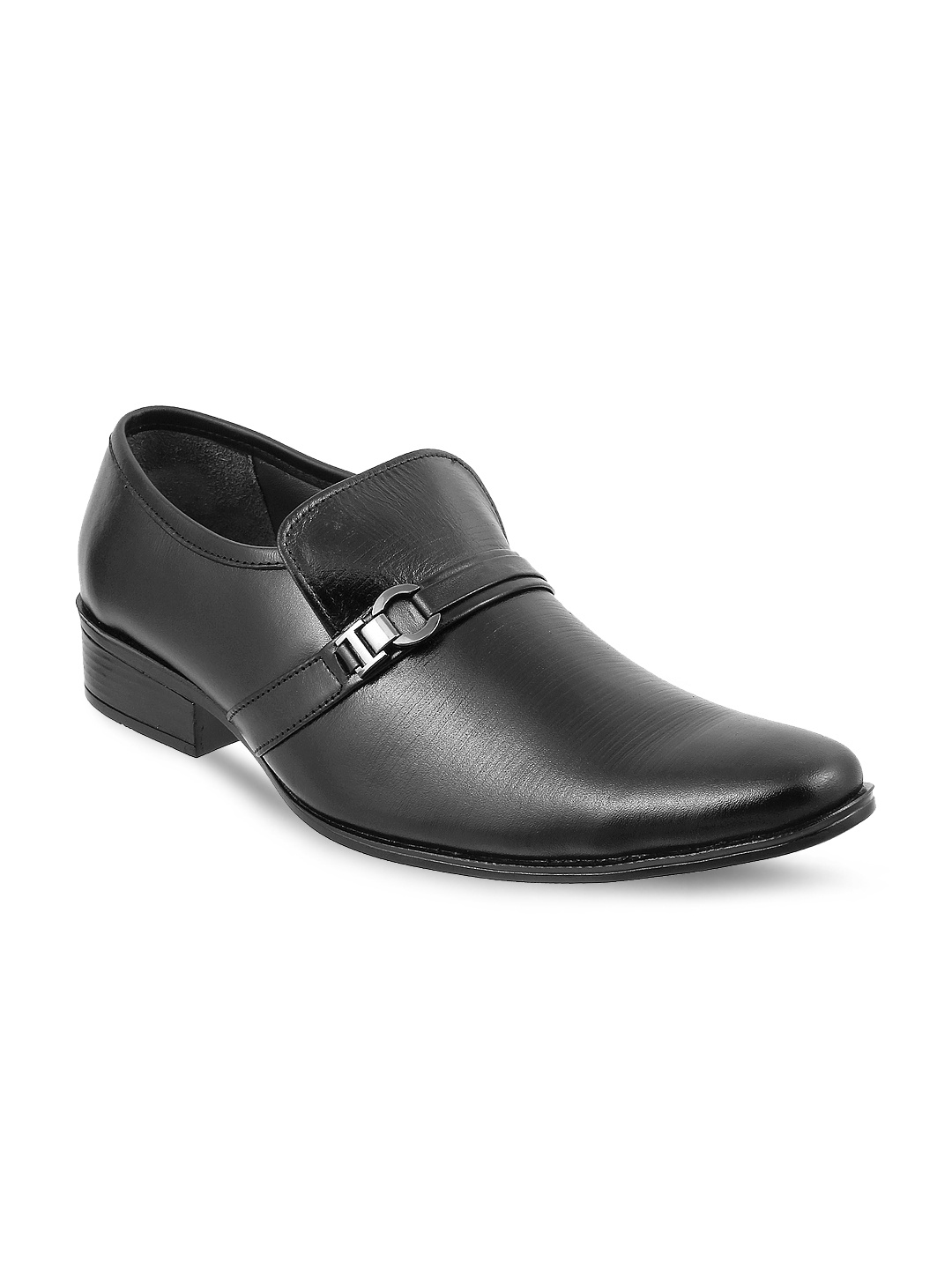 

Mochi Men Black Textured Leather Formal Slip-Ons