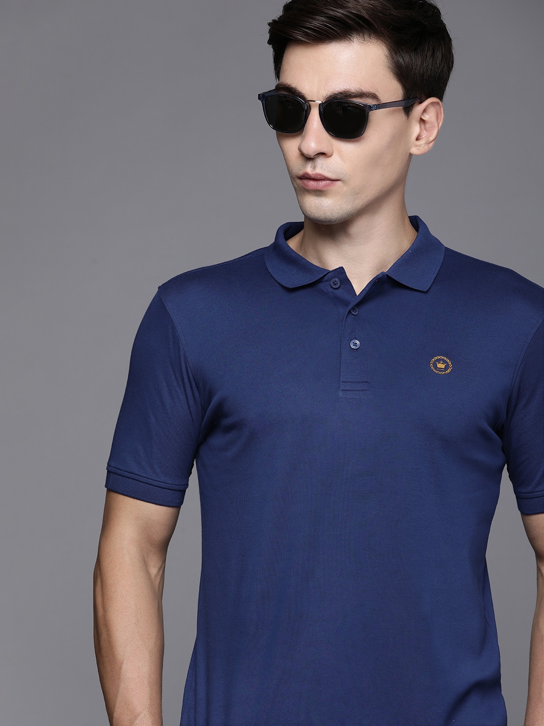 

Louis Philippe Men Navy Blue Polo Collar Pure Cotton T-shirt