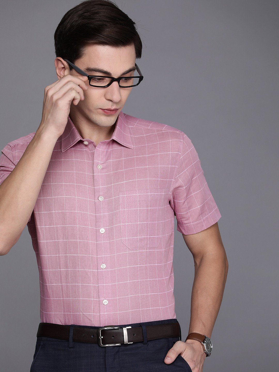 

Louis Philippe Men Lavender Slim Fit Windowpane Checks Formal Shirt