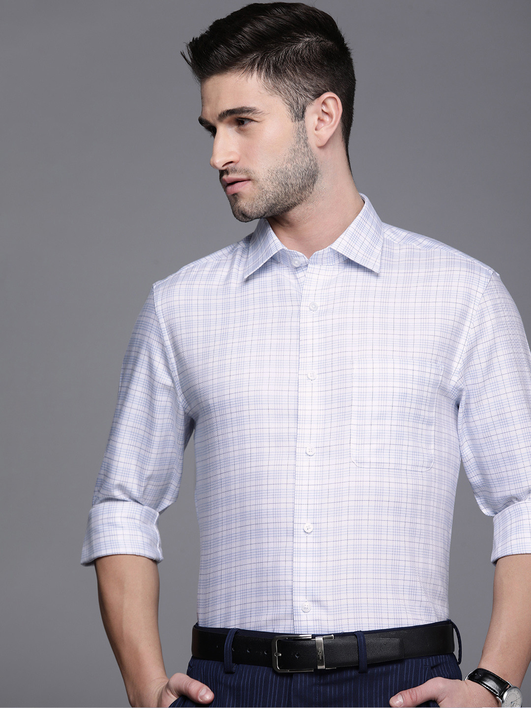 

Louis Philippe Men White & Blue Classic Fit Checked Pure Cotton Formal Shirt
