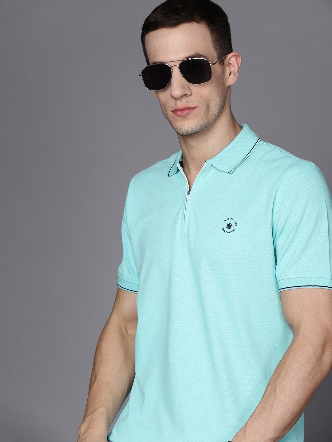 

Louis Philippe Men Turquoise Blue Polo Collar T-shirt