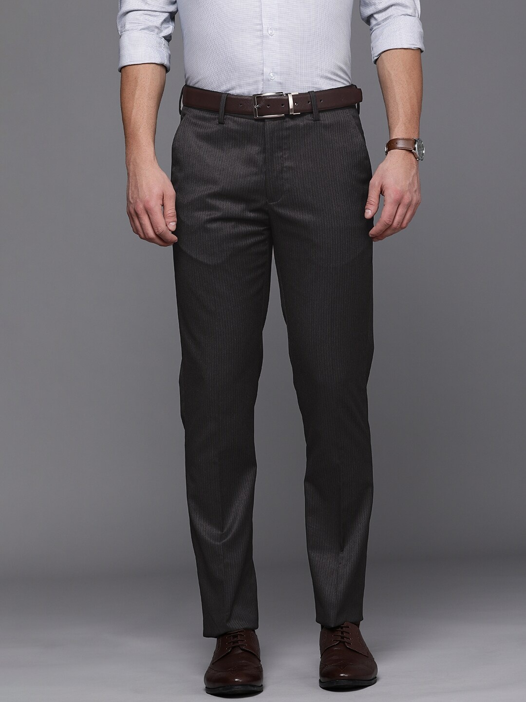 

Louis Philippe Men Grey Striped Slim Fit Trousers