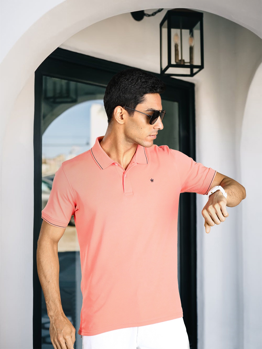 

Louis Philippe Men Peach-Coloured Pure Cotton Solid Polo Collar T-shirt