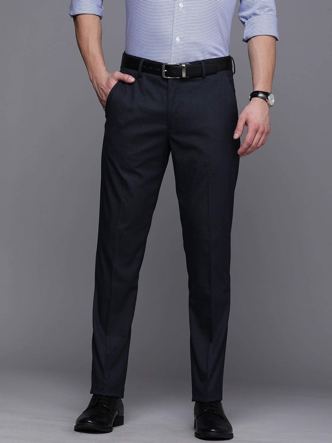 

Louis Philippe Men Navy Blue Checked Slim Fit Trousers
