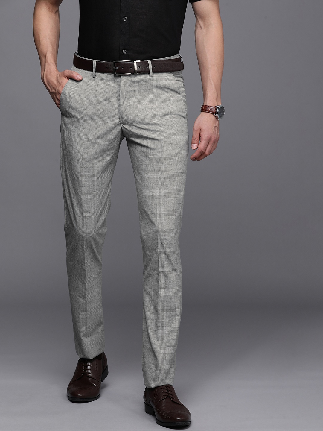 

Louis Philippe Men Grey Checked Super Slim Fit Trousers