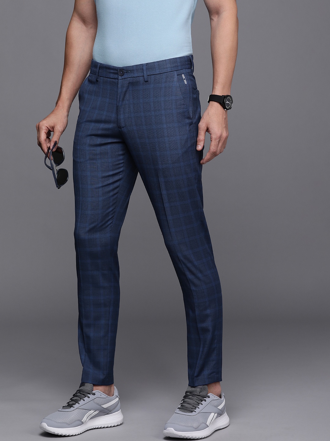 

Louis Philippe Ath Work Men Navy Blue Checked Comfort Tapered Fit Trousers